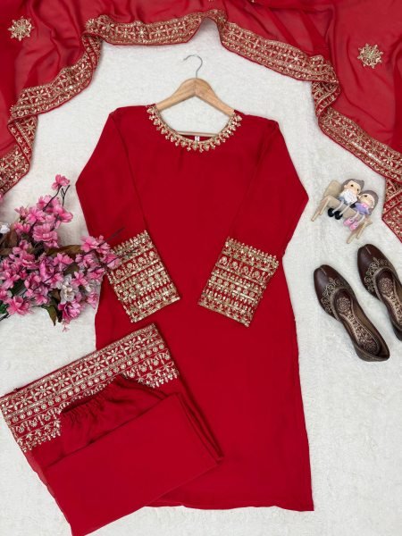 Dapper Red Rangoli Silk Kurti Palazzo Set with Sequin and Zari Work at Manufacturer  Ready To Wear Collection