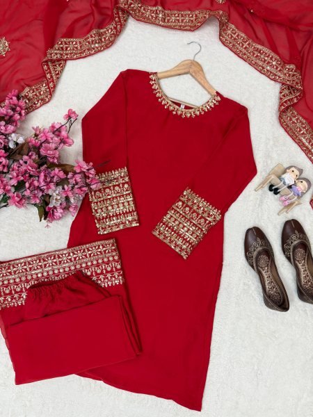 Dapper Red Rangoli Silk Kurti Palazzo Set with Sequin and Zari Work at Manufacturer  Ready To Wear Collection