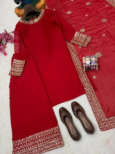 Dapper Red Rangoli Silk Kurti Palazzo Set with Sequin and Zari Work at Manufacturer  Ready To Wear Collection