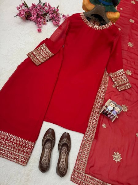 Dapper Red Rangoli Silk Kurti Palazzo Set with Sequin and Zari Work at Manufacturer  Ready To Wear Collection