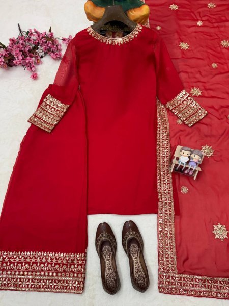 Dapper Red Rangoli Silk Kurti Palazzo Set with Sequin and Zari Work at Manufacturer  Ready To Wear Collection