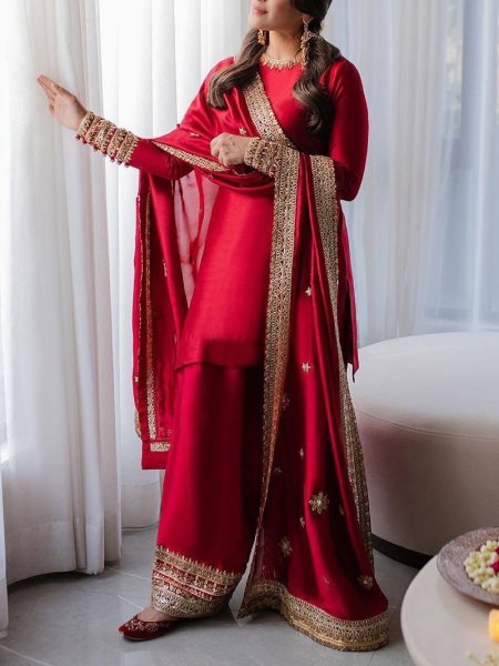 Dapper Red Rangoli Silk Kurti Palazzo Set with Sequin and Zari Work at Manufacturer  Ready To Wear Collection