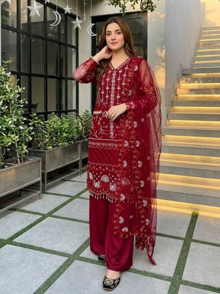 Dapper Red Soft Net Palazzo Suit with Chinese Sequence and Pearl Hand Work Ready To Wear Suit