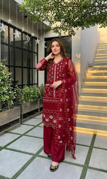 Dapper Red Soft Net Palazzo Suit with Chinese Sequence and Pearl Hand Work Ready To Wear Collection