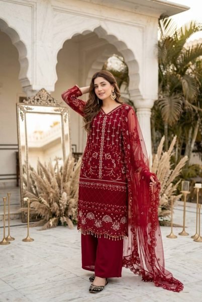 Dapper Red Soft Net Palazzo Suit with Chinese Sequence and Pearl Hand Work Ready To Wear Collection