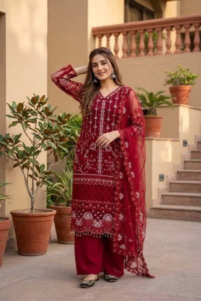 Dapper Red Soft Net Palazzo Suit with Chinese Sequence and Pearl Hand Work Ready To Wear Collection