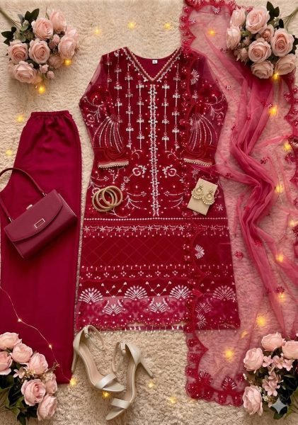 Dapper Red Soft Net Palazzo Suit with Chinese Sequence and Pearl Hand Work Ready To Wear Collection