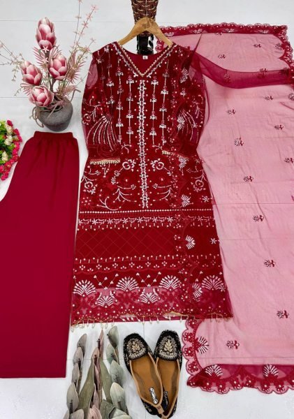 Dapper Red Soft Net Palazzo Suit with Chinese Sequence and Pearl Hand Work Ready To Wear Collection