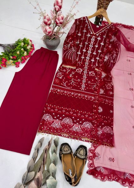 Dapper Red Soft Net Palazzo Suit with Chinese Sequence and Pearl Hand Work Ready To Wear Collection