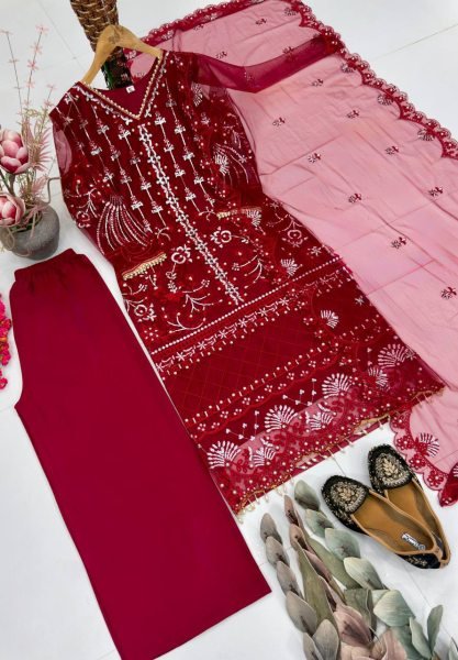 Dapper Red Soft Net Palazzo Suit with Chinese Sequence and Pearl Hand Work Ready To Wear Collection