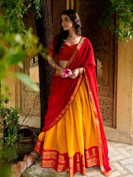 Dapper Red Yellow Kanchipuram Lehenga Choli with Matching Blouse Fabric 