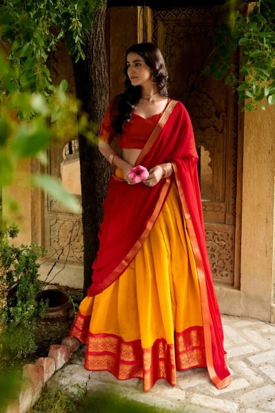 Dapper Red Yellow Kanchipuram Lehenga Choli with Matching Blouse Fabric Half Saree Lehenga
