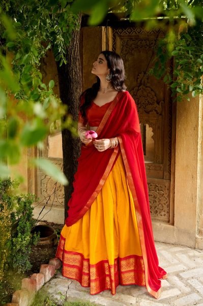 Dapper Red Yellow Kanchipuram Lehenga Choli with Matching Blouse Fabric Half Saree Lehenga