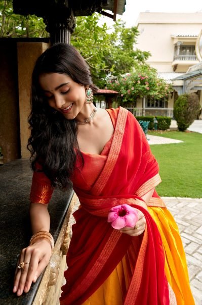 Dapper Red Yellow Kanchipuram Lehenga Choli with Matching Blouse Fabric Half Saree Lehenga