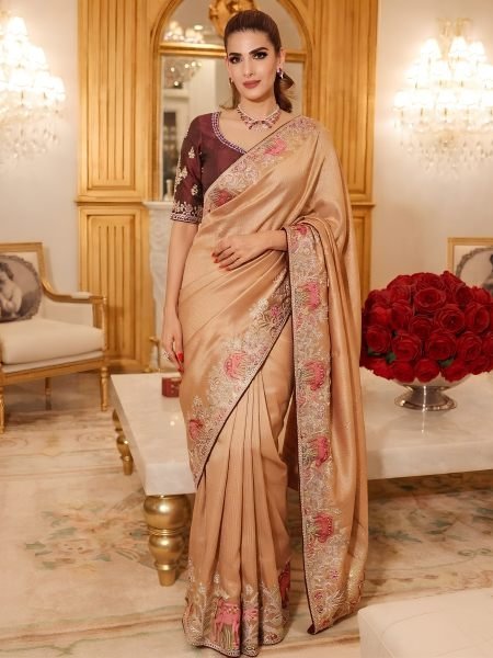 Dapper Rose Pink Bridal Kanjivaram Silk Saree with Sequins Embroidery Work 