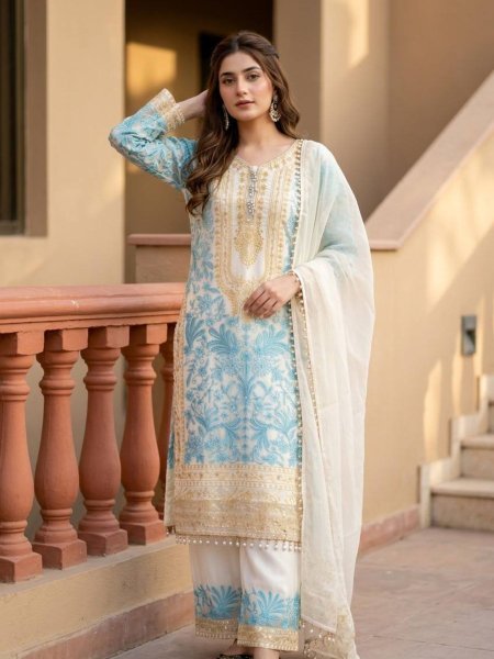 Dapper Sky Blue Georgette Top Palazzo with Lace Border Dupatta Set for Women  Ready To Wear Suit