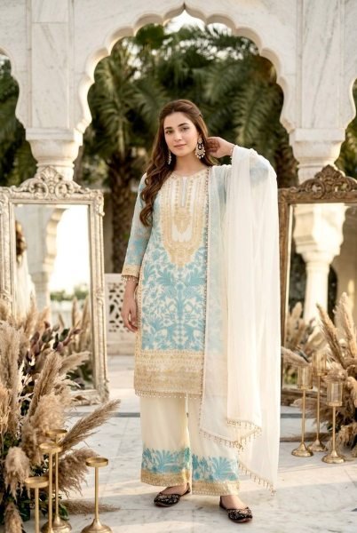 Dapper Sky Blue Georgette Top Palazzo with Lace Border Dupatta Set for Women  Ready To Wear Collection