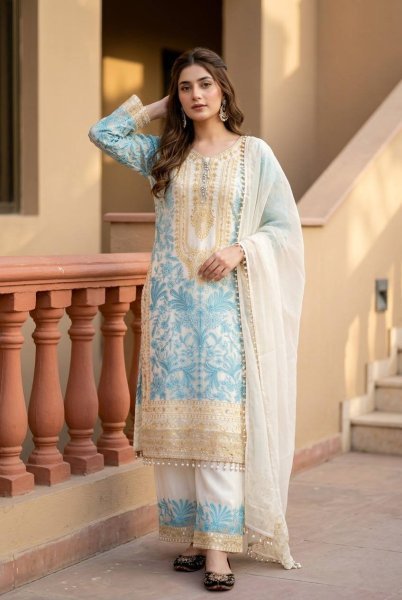 Dapper Sky Blue Georgette Top Palazzo with Lace Border Dupatta Set for Women  Ready To Wear Collection