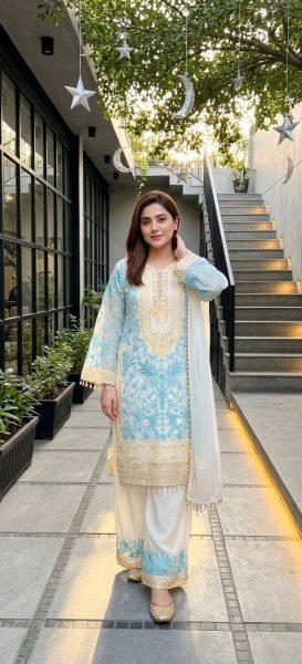 Dapper Sky Blue Georgette Top Palazzo with Lace Border Dupatta Set for Women  Ready To Wear Collection