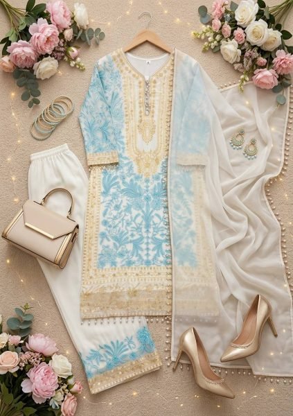 Dapper Sky Blue Georgette Top Palazzo with Lace Border Dupatta Set for Women  Ready To Wear Collection