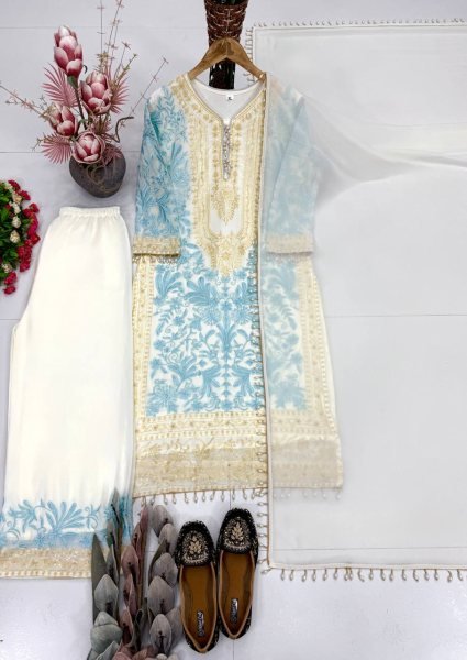 Dapper Sky Blue Georgette Top Palazzo with Lace Border Dupatta Set for Women  Ready To Wear Collection