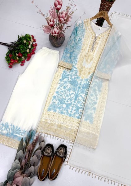 Dapper Sky Blue Georgette Top Palazzo with Lace Border Dupatta Set for Women  Ready To Wear Collection