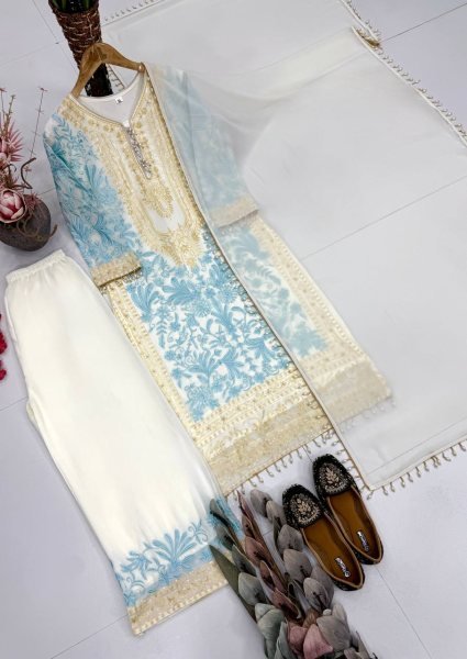 Dapper Sky Blue Georgette Top Palazzo with Lace Border Dupatta Set for Women  Ready To Wear Collection
