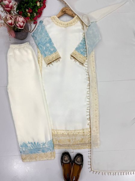Dapper Sky Blue Georgette Top Palazzo with Lace Border Dupatta Set for Women  Ready To Wear Collection