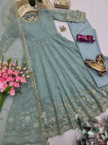 Dapper Sky Blue Heavy Crunchy Silk Floor Length Gown with Rich Sequins Embroidery Work Ready To Wear Collection