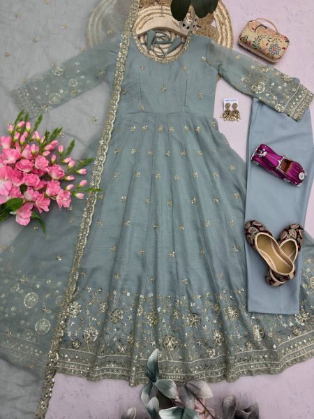 Dapper Sky Blue Heavy Crunchy Silk Floor Length Gown with Rich Sequins Embroidery Work Ready To Wear Collection