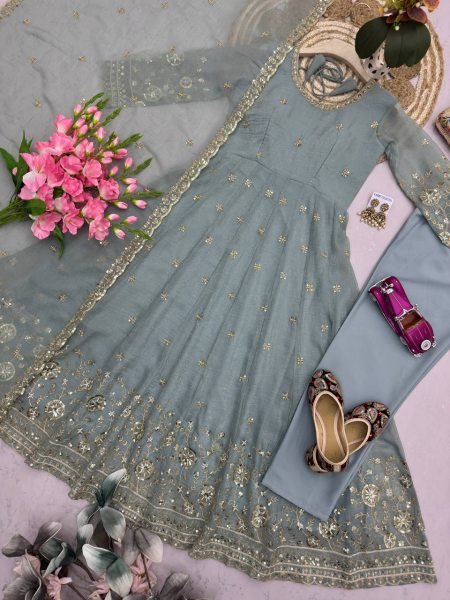 Dapper Sky Blue Heavy Crunchy Silk Floor Length Gown with Rich Sequins Embroidery Work Ready To Wear Collection