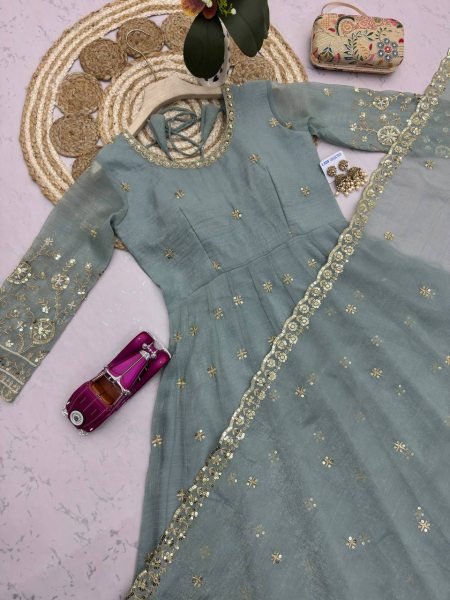Dapper Sky Blue Heavy Crunchy Silk Floor Length Gown with Rich Sequins Embroidery Work Ready To Wear Collection