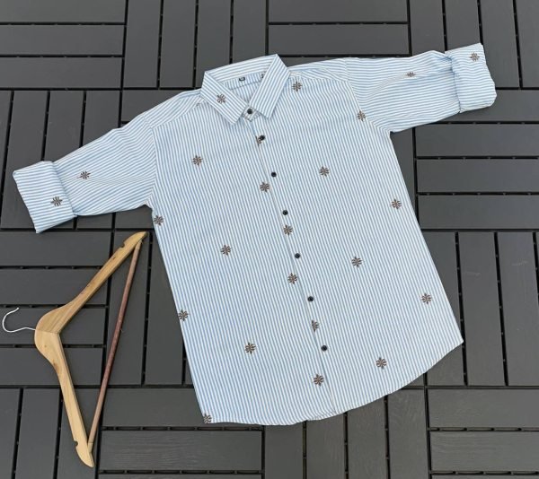 Dapper Sky Blue Men   s Cotton Striped Shirt with Small Floral Embroidery at Wholesale Rate Mens Shirt