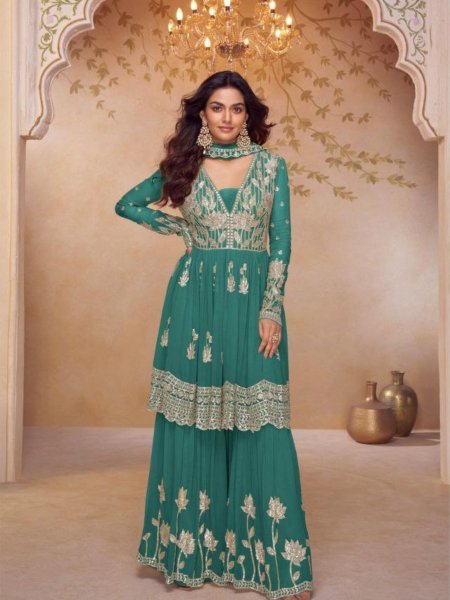 Dapper Teal Blue Elegant Real Chinon Kurti Palazzo Set with Heavy Embroidery Work 