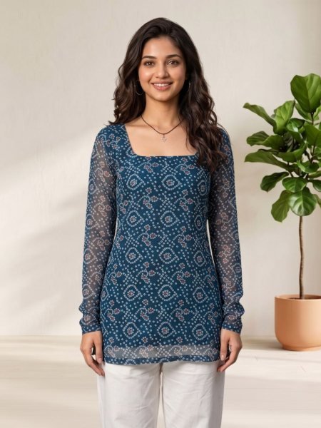 Dapper Teal Blue Festival Wear Bandhani Print Short Straight Kurti with Chudidar Sleeves 