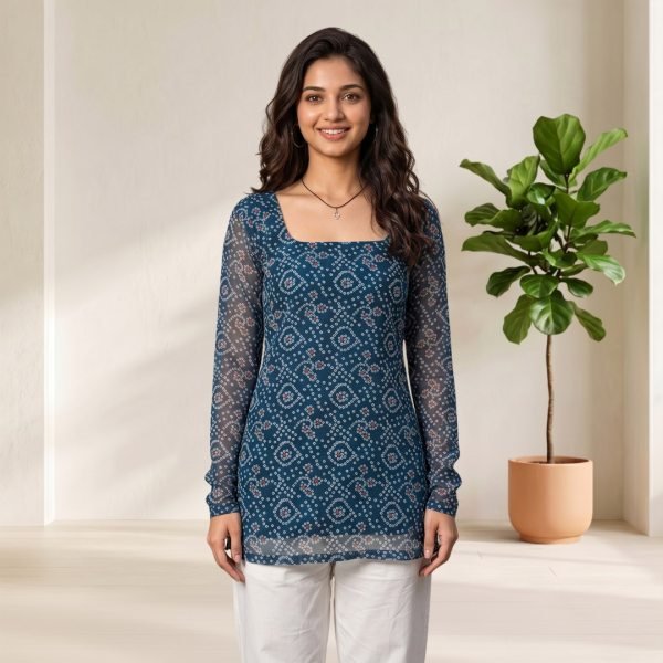 Dapper Teal Blue Festival Wear Bandhani Print Short Straight Kurti with Chudidar Sleeves Full Set Kurti