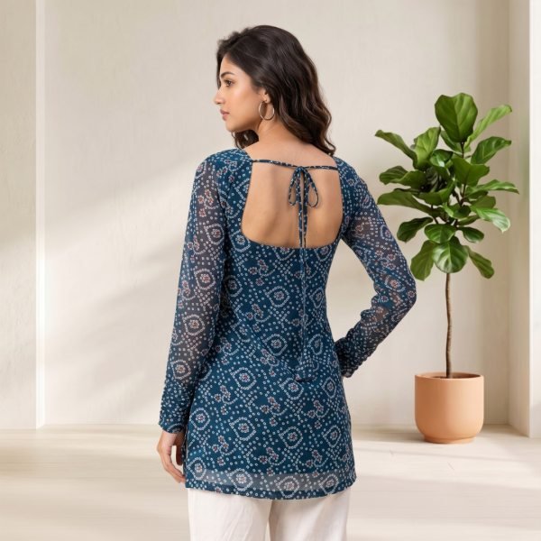 Dapper Teal Blue Festival Wear Bandhani Print Short Straight Kurti with Chudidar Sleeves Full Set Kurti