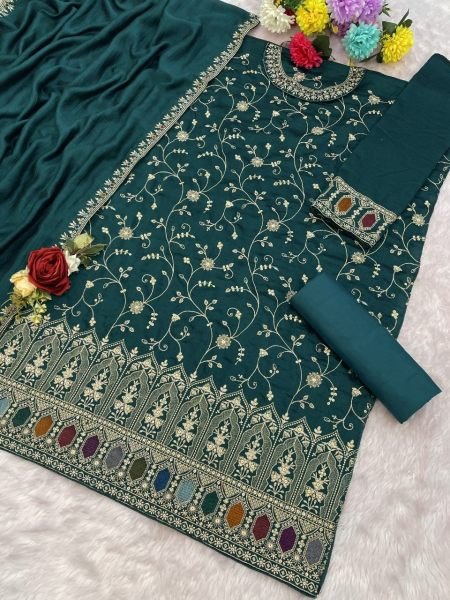 Dapper Teal Green Elegant Women Suit Set with Heavy Dupatta Embroidery Work Designer Plazzo Salwar Suits Wholesale
