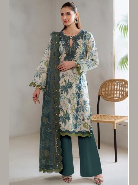 Dapper Teal Pure Cotton Patch Work Suit with Semi Lawn Bottom and Chiffon Dupatta Salwar Kameez