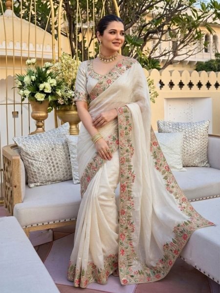 Dapper White Boutique Style Fendy Satin Silk Saree with Heavy Embroidery Work Sarees 