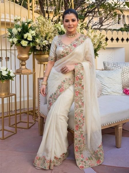 Dapper White Boutique Style Fendy Satin Silk Saree with Heavy Embroidery Work Silk Sarees Wholesale
