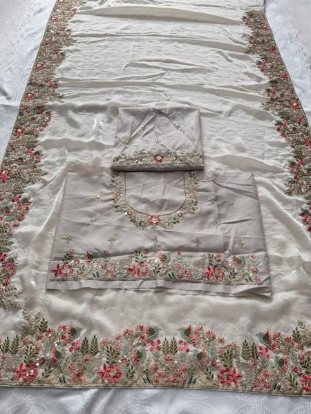 Dapper White Boutique Style Fendy Satin Silk Saree with Heavy Embroidery Work Silk Sarees Wholesale