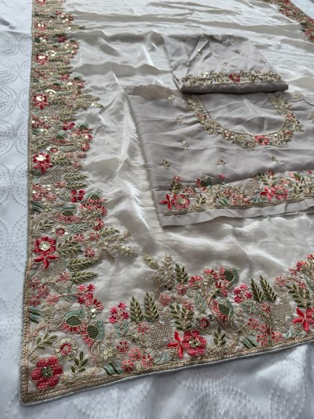 Dapper White Boutique Style Fendy Satin Silk Saree with Heavy Embroidery Work Silk Sarees Wholesale