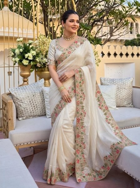 Dapper White Boutique Style Fendy Satin Silk Saree with Heavy Embroidery Work Silk Sarees Wholesale