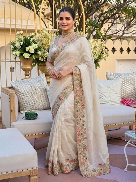 Dapper White Boutique Style Fendy Satin Silk Saree with Heavy Embroidery Work Silk Sarees Wholesale