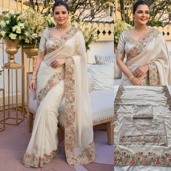 Dapper White Boutique Style Fendy Satin Silk Saree with Heavy Embroidery Work Silk Sarees Wholesale