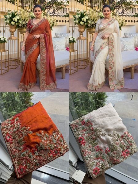 Dapper White Boutique Style Fendy Satin Silk Saree with Heavy Embroidery Work Silk Sarees Wholesale
