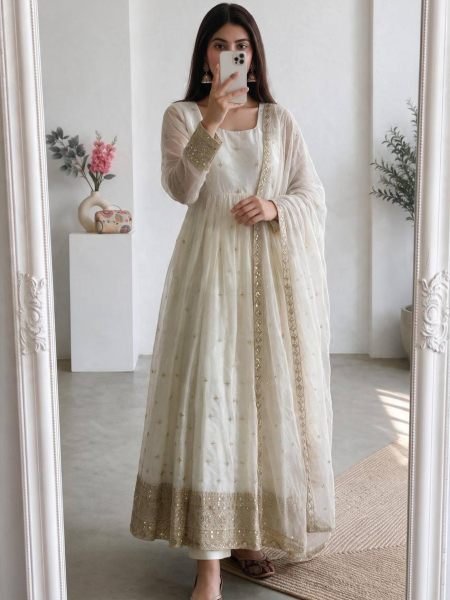 Dapper White Heavy Fandy Silk Gown with Embroidery and Sequin Work for Festival 