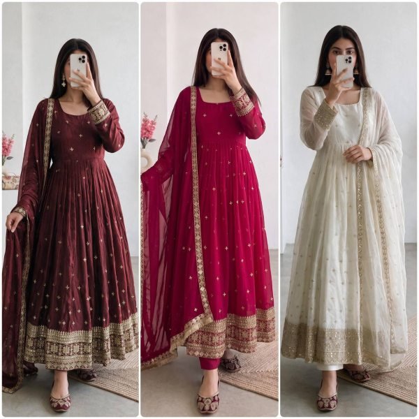 Dapper White Heavy Fandy Silk Gown with Embroidery and Sequin Work for Festival Ready To Wear Collection
