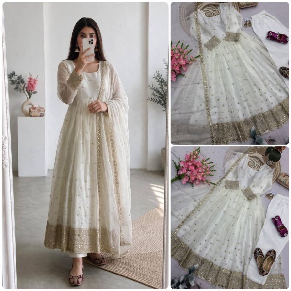 Dapper White Heavy Fandy Silk Gown with Embroidery and Sequin Work for Festival Ready To Wear Collection